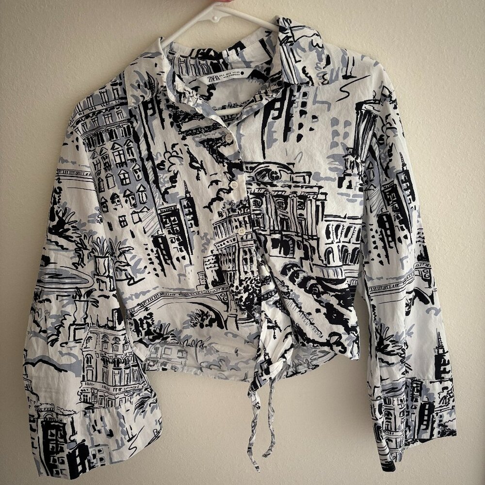 Zara Cropped Button-Up Top With Architecture Patt… - image 1